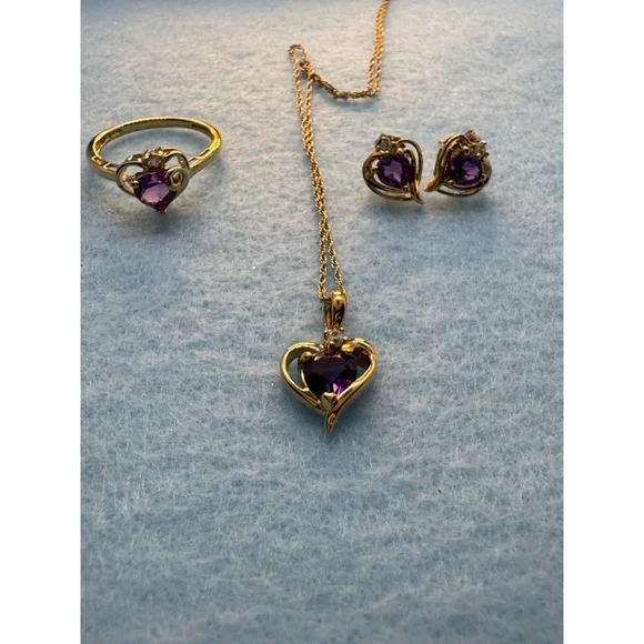 Sterling Silver & Gold Jewelry Set with Amethyst – Earrings, Ring & Necklace - Picture 1 of 10